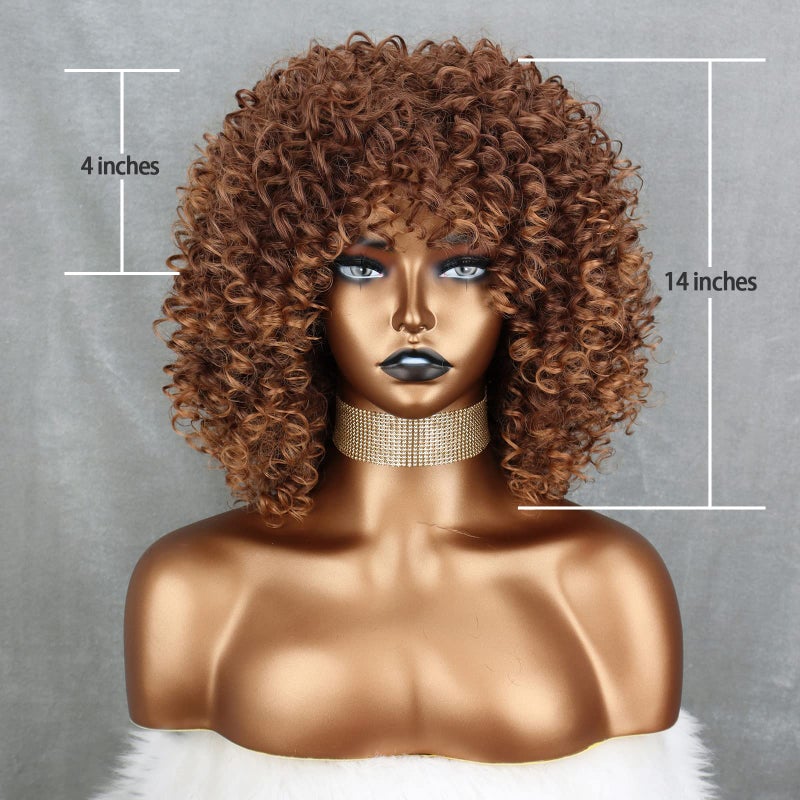 Xinran Brown Curly Afro Wig for Black Women,Short Kinky Curly Wig with Bangs,Synthetic Afro Full Hair Wig 14inch(Light Brown) - Image 2